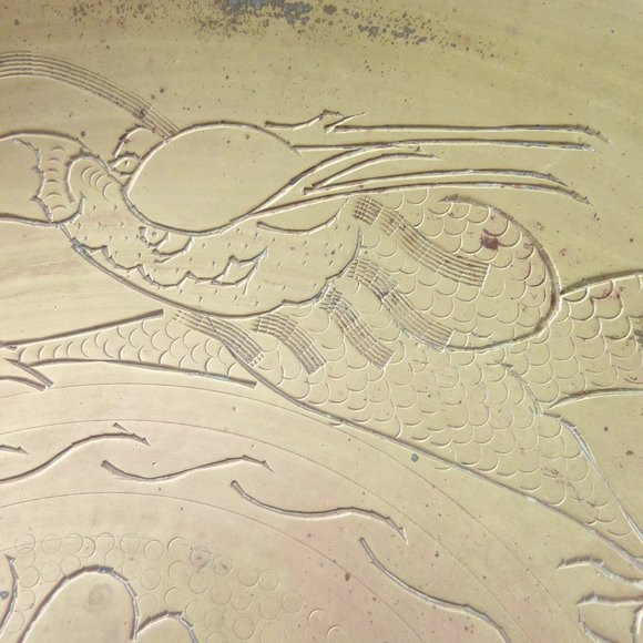 Vintage Chinese Carved Brass Bowl Dragons Good Luck & Fortune Serving Dish - Picture 3 of 7